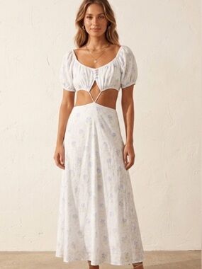 SABO Powder Blue Floral Strappy Open Waist Puff Sleeve Midi Dress Size 2